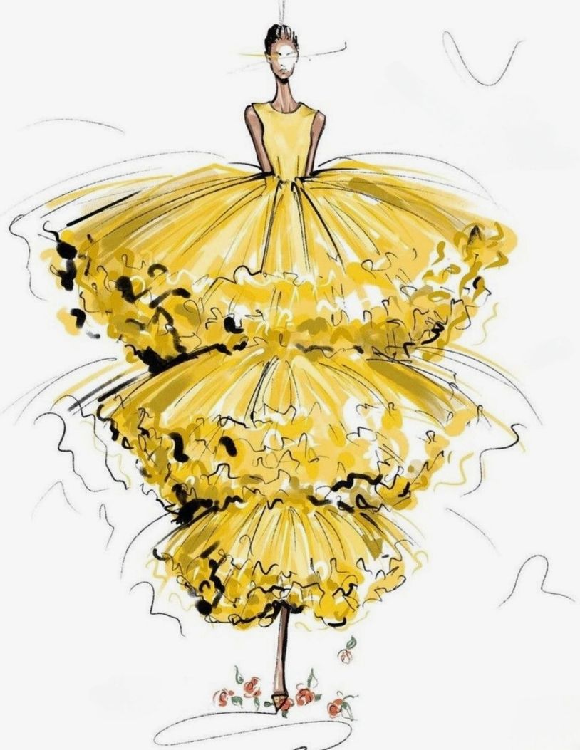 Fashion illustration of a model in a layered yellow ruffled gown.