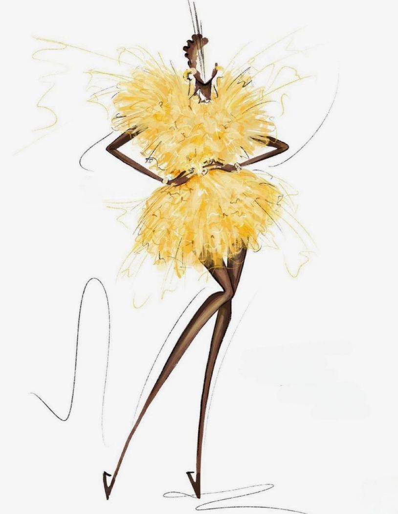 Fashion illustration of a slender figure in a voluminous yellow dress.