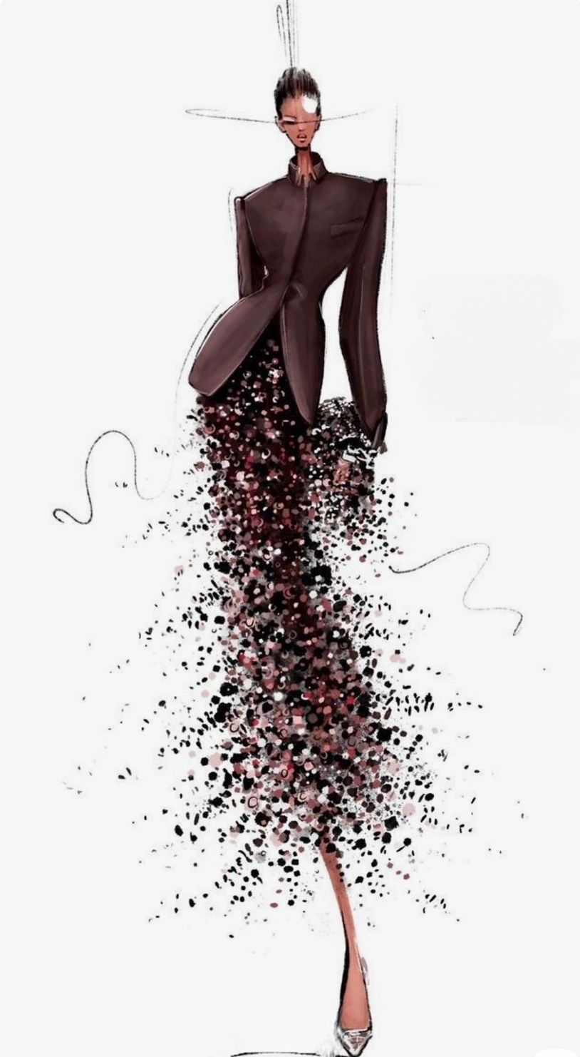 Fashion illustration of a woman in a structured jacket and textured skirt.