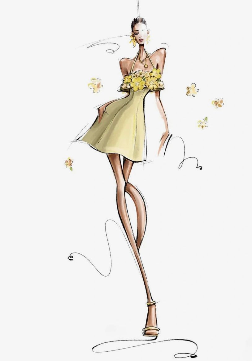 Elegant fashion sketch of a woman in a yellow floral dress with long legs.