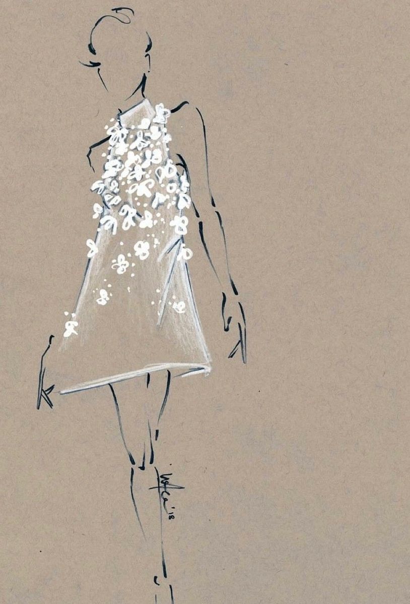 Fashion illustration of a model in a floral embellished dress.