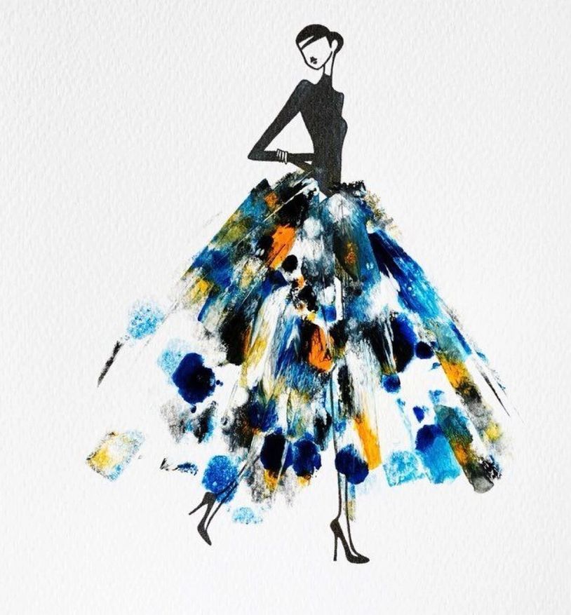 Fashion illustration of a woman in a colorful abstract skirt and black top.