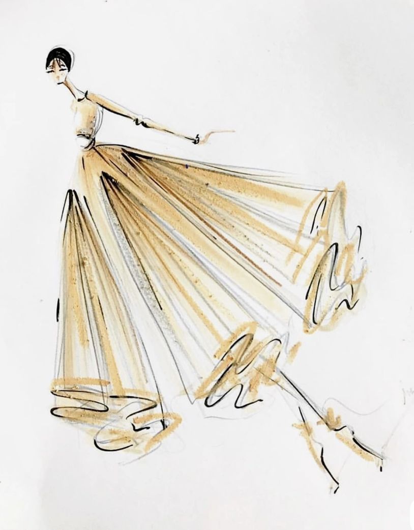 Elegant fashion illustration of a woman in a flowing golden gown.