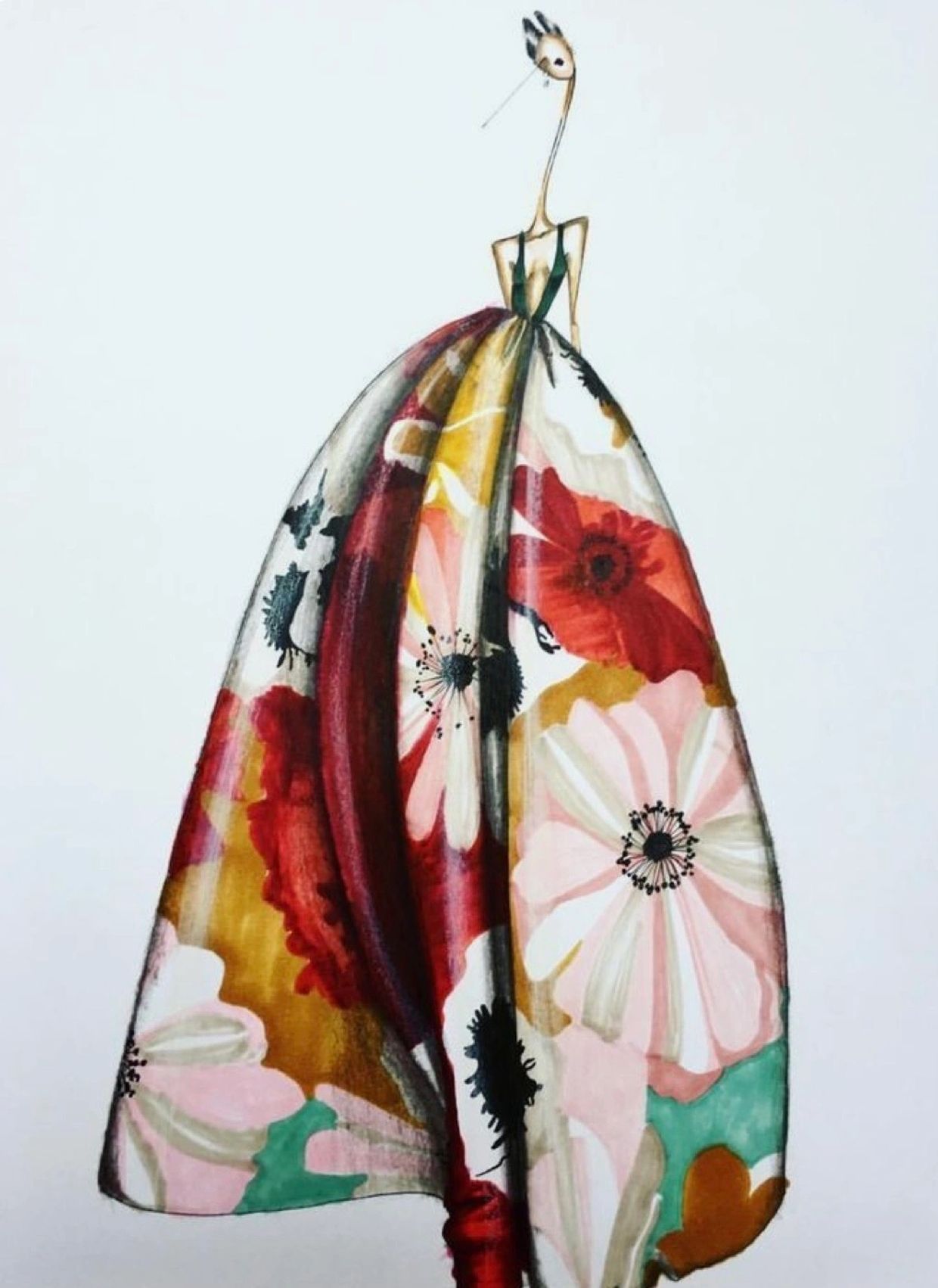 Elegant fashion illustration with floral gown.