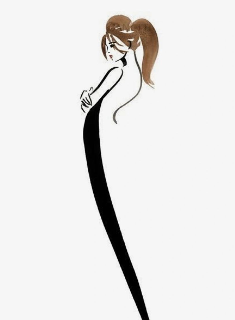 Minimalist sketch of a woman with brown hair in a ponytail.