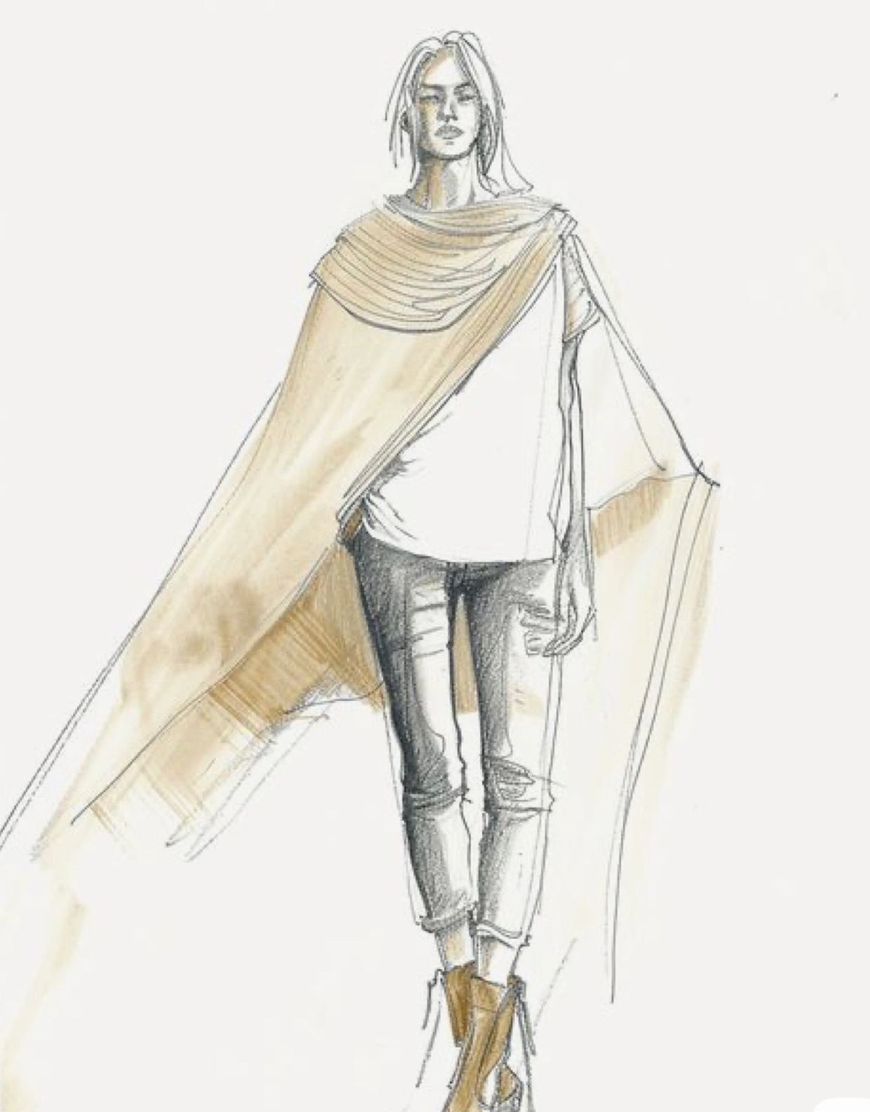 Fashion sketch of a model wearing a flowing shawl and casual outfit.