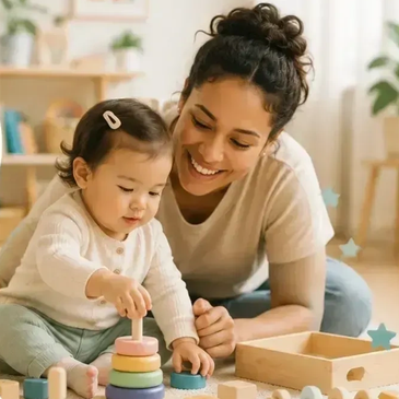 Mother and child playing with colorful stacking rings indoors.
