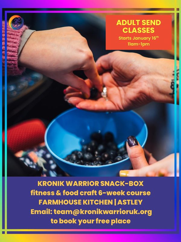 Hands preparing fruit together over a blue bowl during an Adult SEND Snack Box session