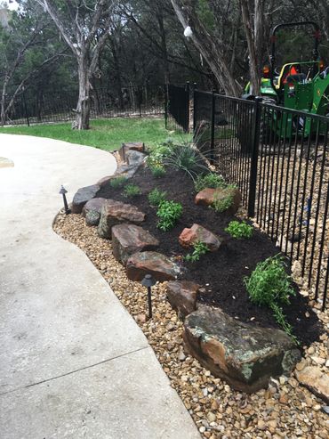 Texas, sandstone, border, landscape lighting, native plants, garden bed, Harker Heights, classic.