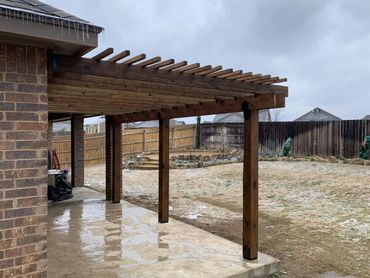 Pergola, concrete, patio extension, backyard, Texas, decorative, Belton, garden bed, landscape.