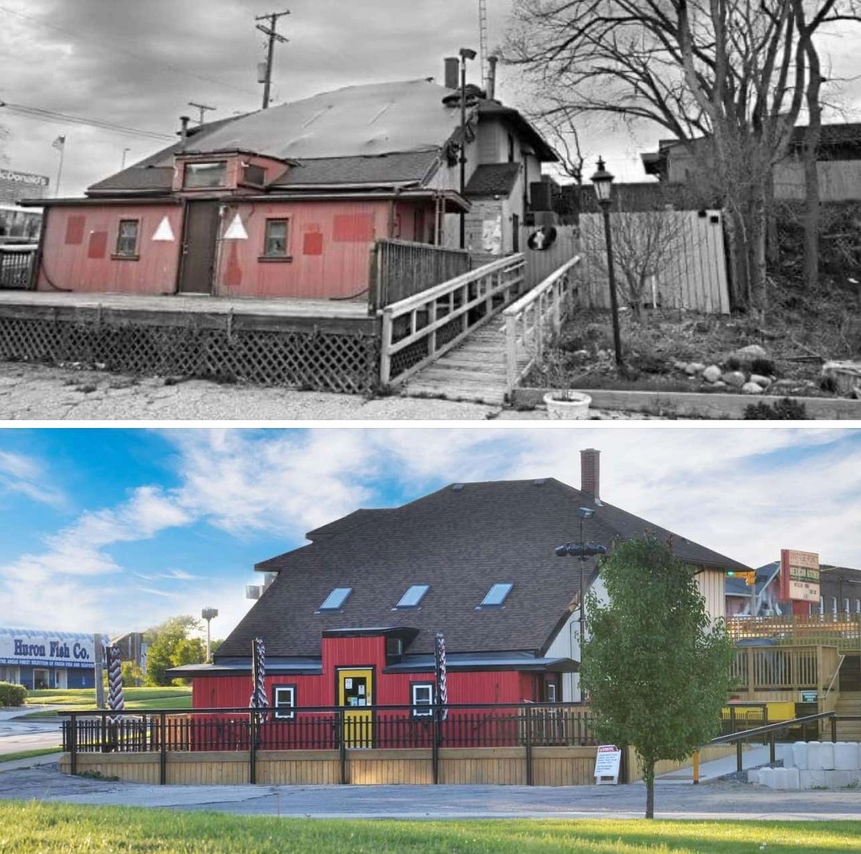 Before and after renovation of a building with a red exterior and sloped roof.