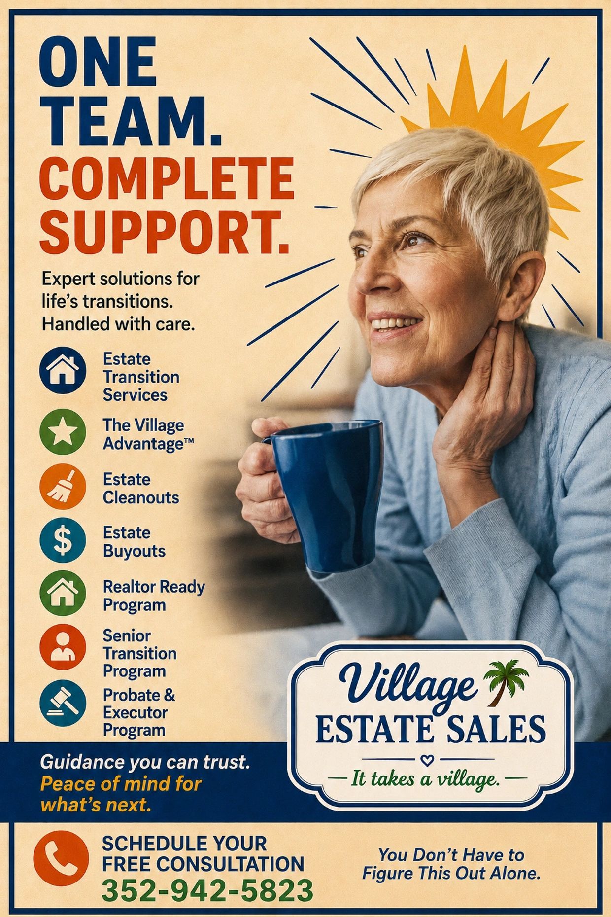 Woman drinking coffee in vintage ad for estate transition services in The Villages