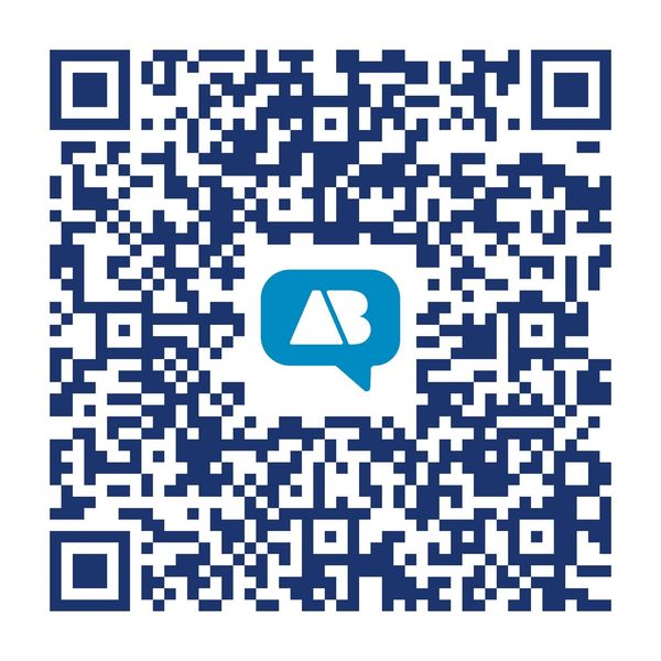 A blue QR code with a speech bubble containing 'AB' in the center.
