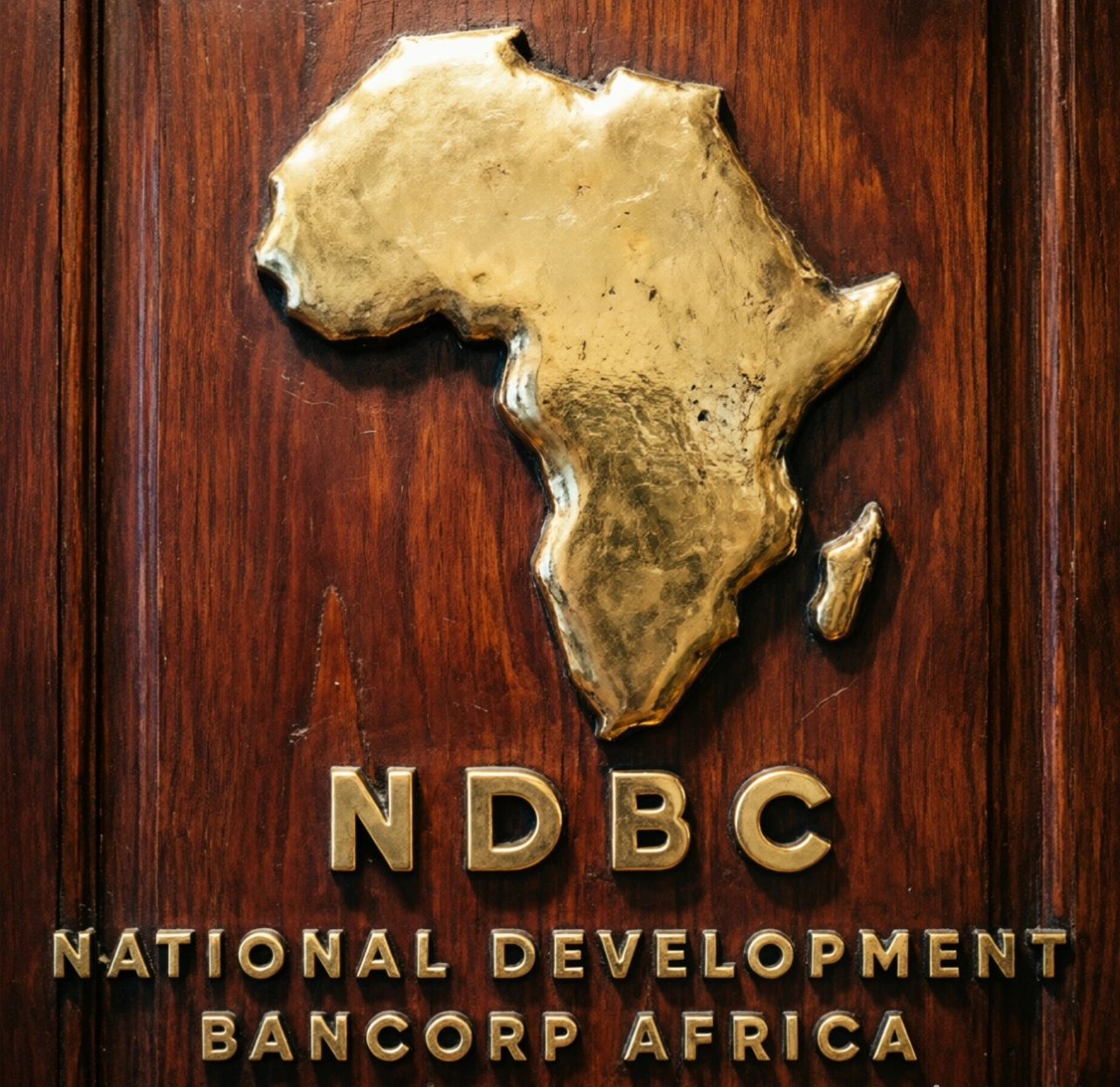 Golden Africa map with NDBC logo on wood.