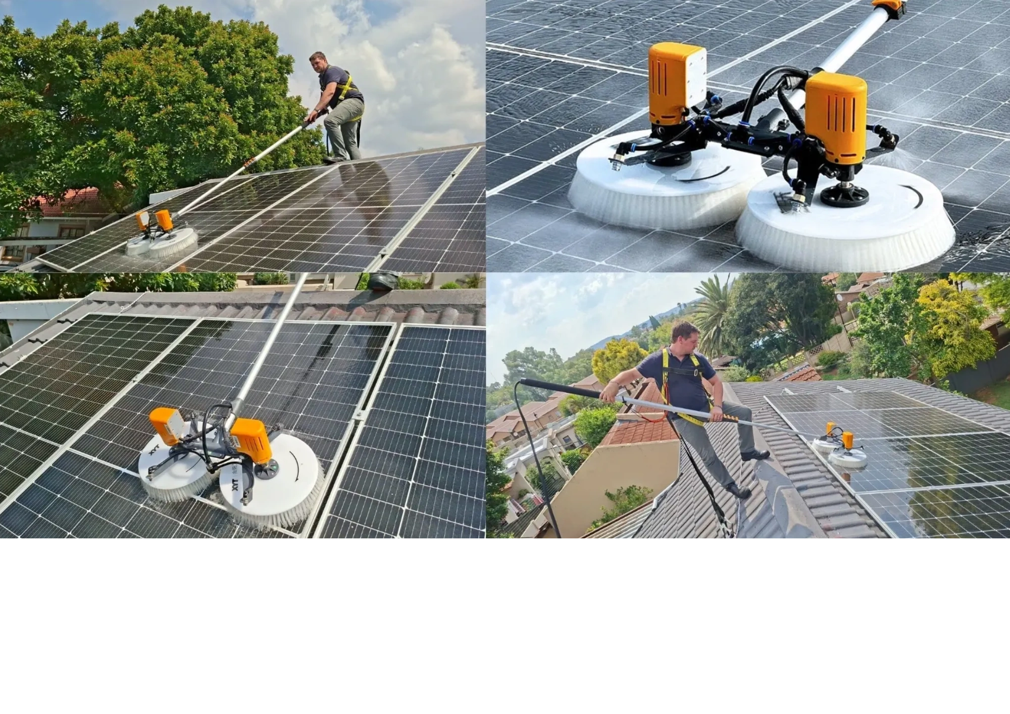 Man cleaning solar panels on a roof using a robotic brush tool.