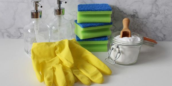 Cleaning supplies include scrubber, sponges, and gloves.