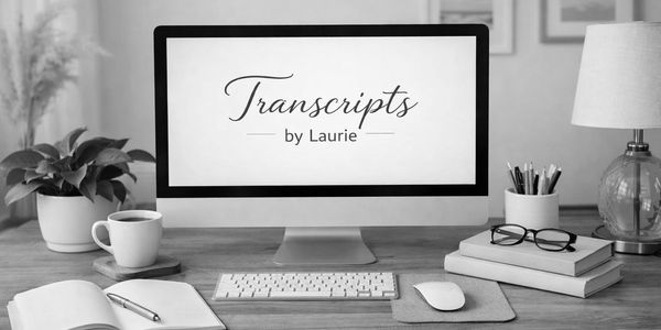 A neat workspace with a computer displaying 'Transcripts by Laurie' and organized desk items.