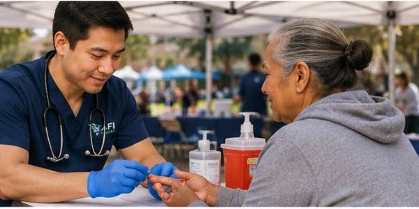 Healthcare worker checking a woman's finger.