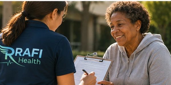 Healthcare worker consulting a senior woman outdoors.