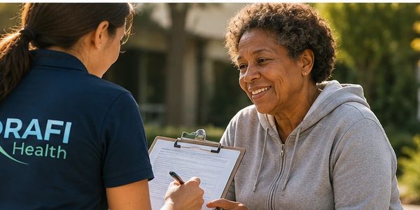 Healthcare worker consulting a senior woman outdoors.