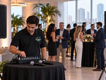 A DJ adjusts controls at a cocktail event with guests mingling.