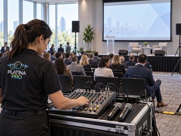 Woman managing audio mixer at conference.