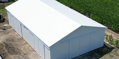A large, white barn