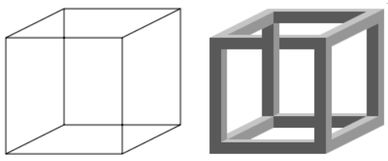 Comparaison entre un cube en filaire et un cube impossible en 3D.