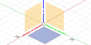 Un système de coordonnées 3D avec axes colorés et un plan bleu.