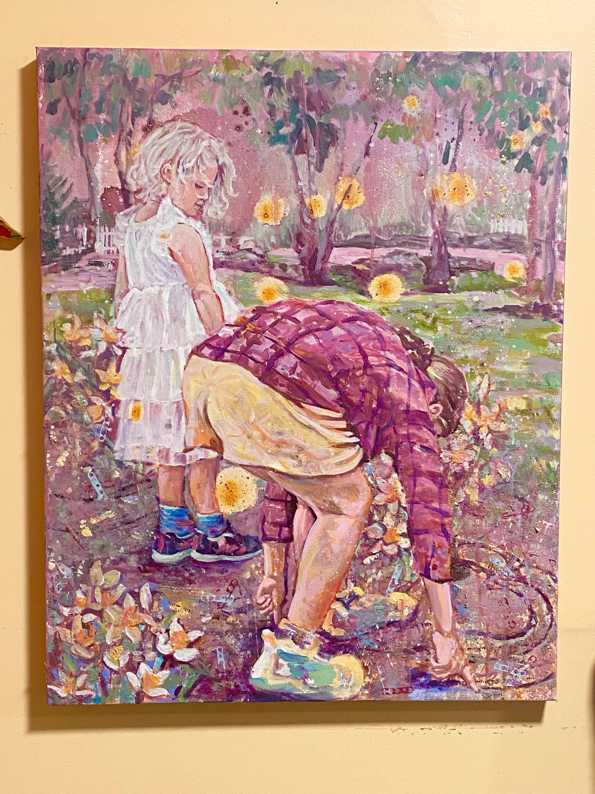 Painting of two children exploring nature in a garden with vibrant colors.