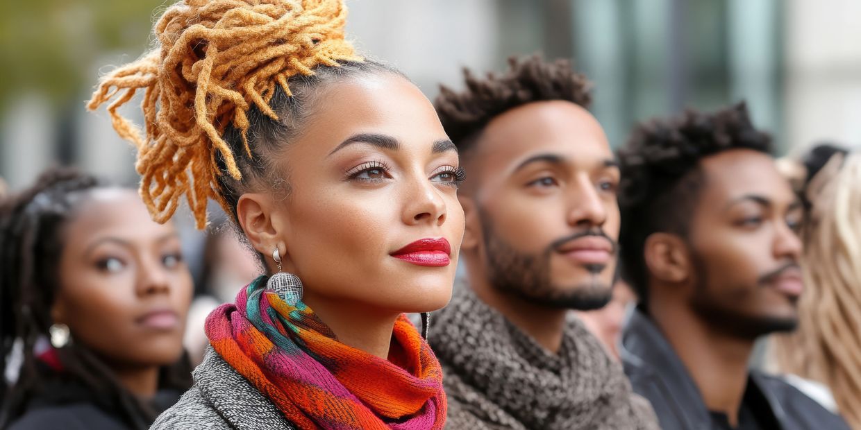 Diverse group of young adults attentively looking ahead, showcasing vibrant style and confidence.