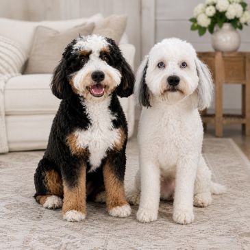 Angel and Bogie mini Bernedoodles sitting together indoors