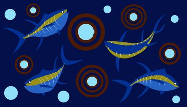Mural concept for a luxury seafood restaurant. Surrounding the fish are lights with wood paneling
