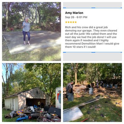 Garage demolition with trash inside & out side for clean up , 5 star client review 