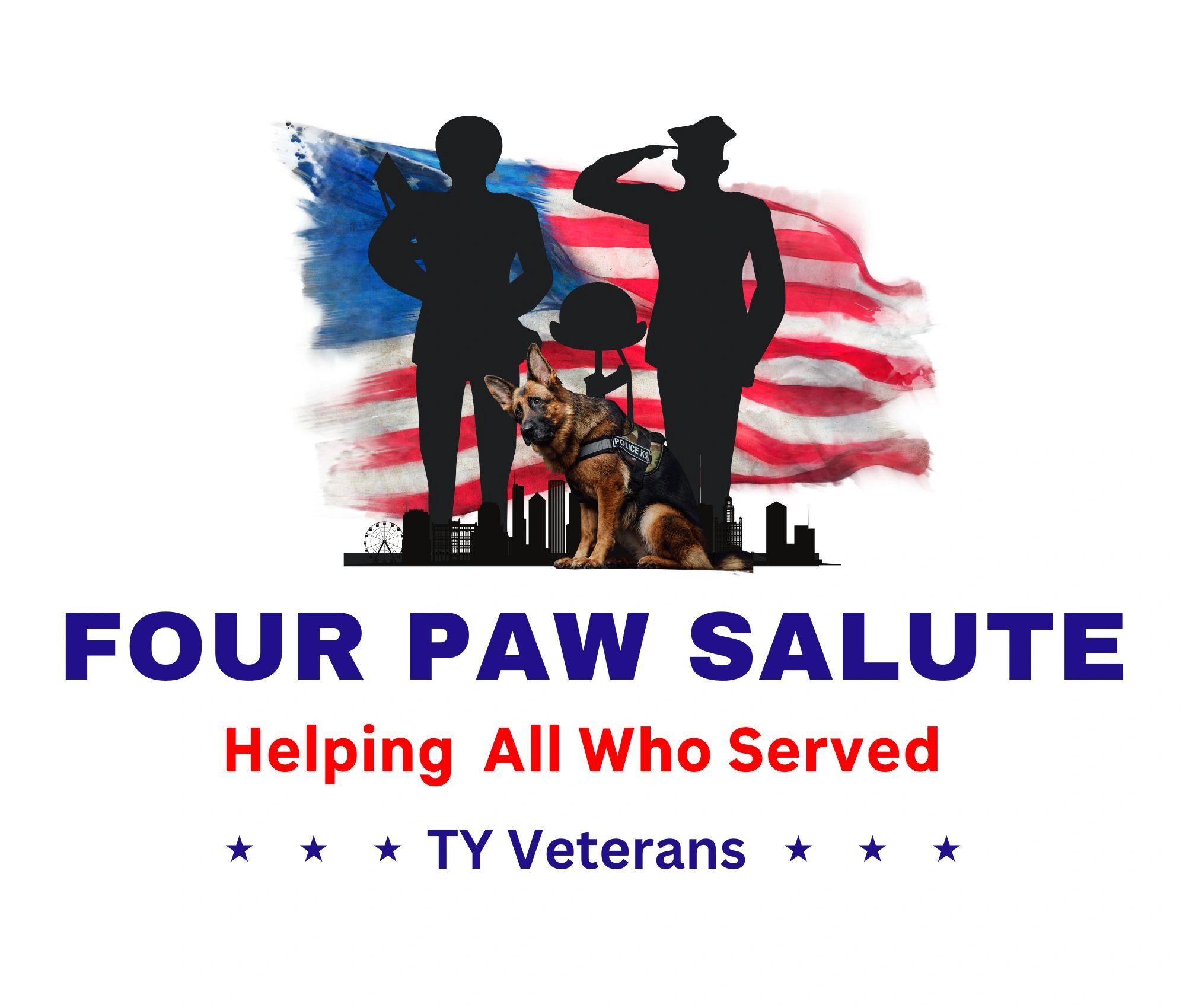 2 veterans with a service dog in front of an American flag.  The words Vets N Petz is under the pict