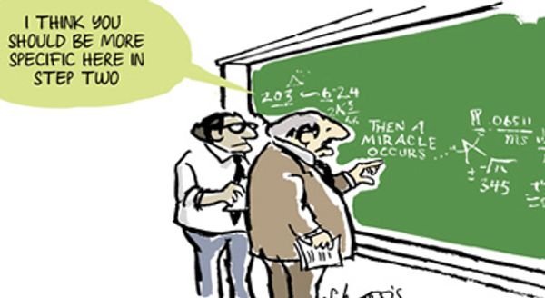 Two professors reviewing an equation with a section of the equation just says, "Then a miracle occur