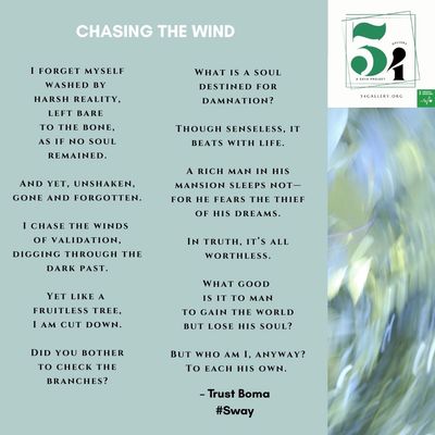 A poetic text titled 'Chasing the Wind' by Trust Boma exploring themes of soul, validation, and life's worth.