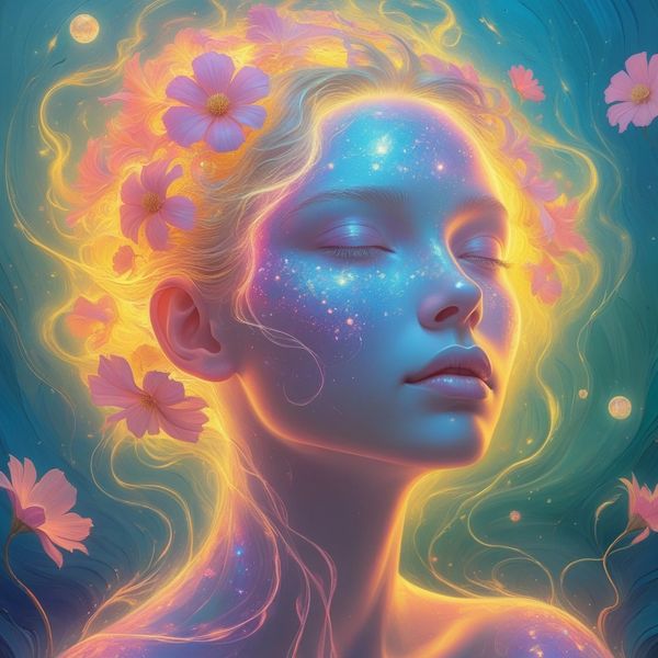 A glowing ethereal woman with cosmic skin and flowers in her hair.
