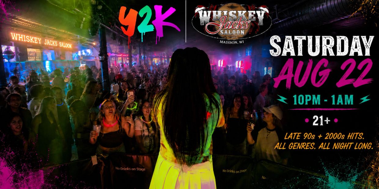 Crowded Whiskey Jacks Saloon hosts Y2K party with 90s and 2000s hits on Aug 22, 10PM-1AM.