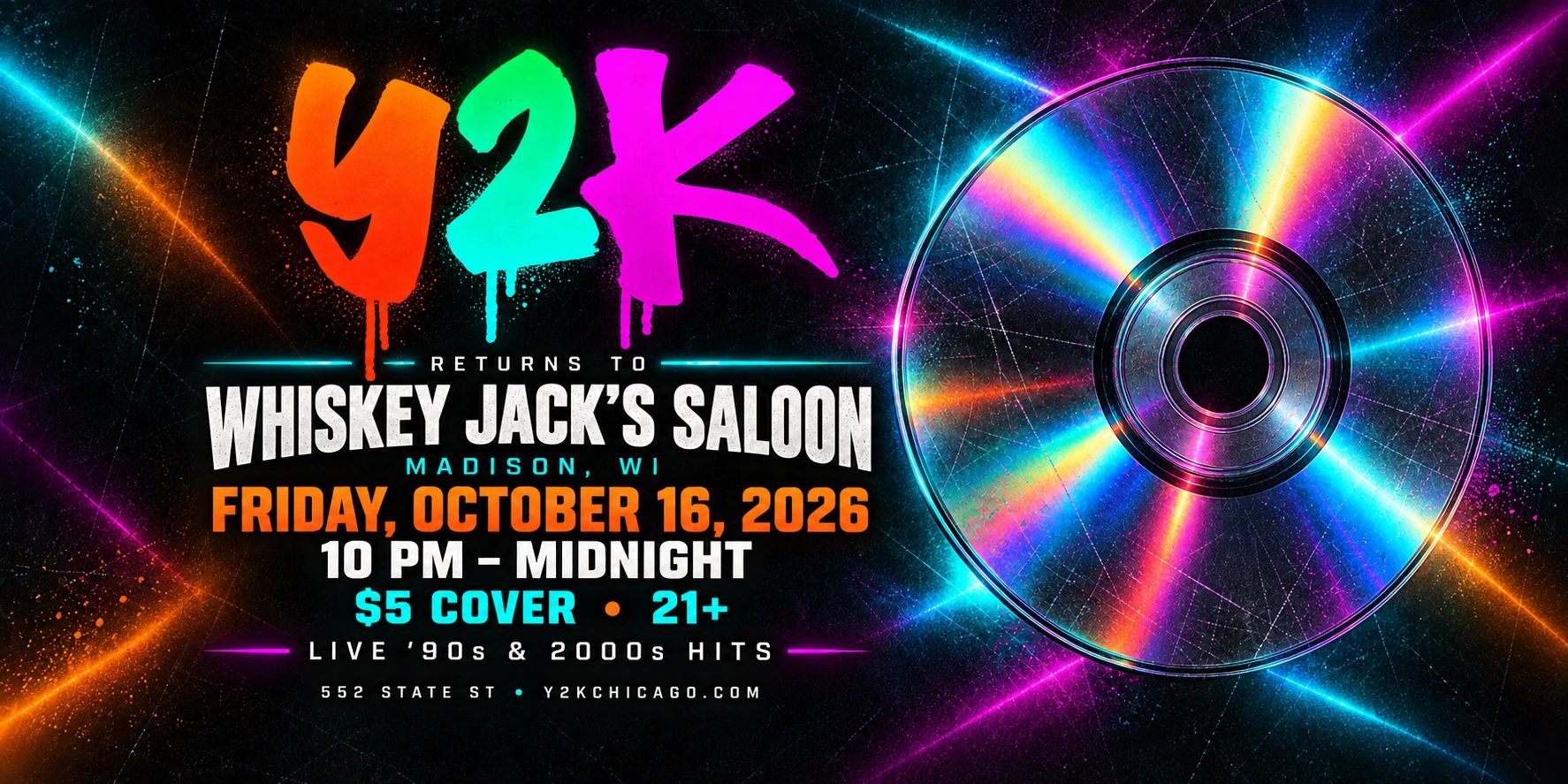 Y2K event poster at Whiskey Jack's Saloon, 2026.