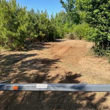 Dirt path blocked by a metal gate in a forest area.