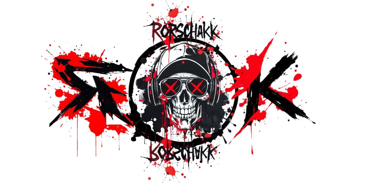 Skull with headphones and red splatters in graffiti style.