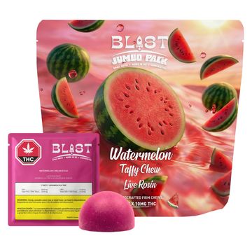 Watermelon-flavored Blast Jumbo Pack with watermelon taffy chew and live rosin.