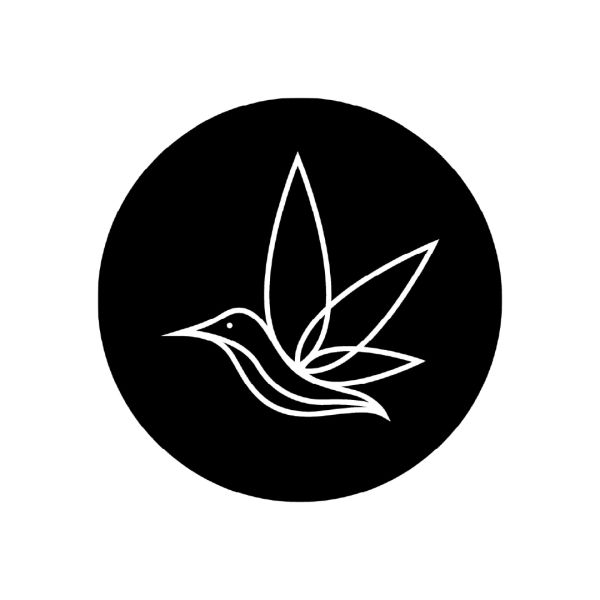 Minimalist hummingbird logo in a black circle.