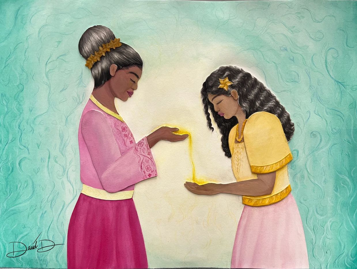 Watercolour and coloured pencil on multilayered paper. A scene depicting a mother and daughter.