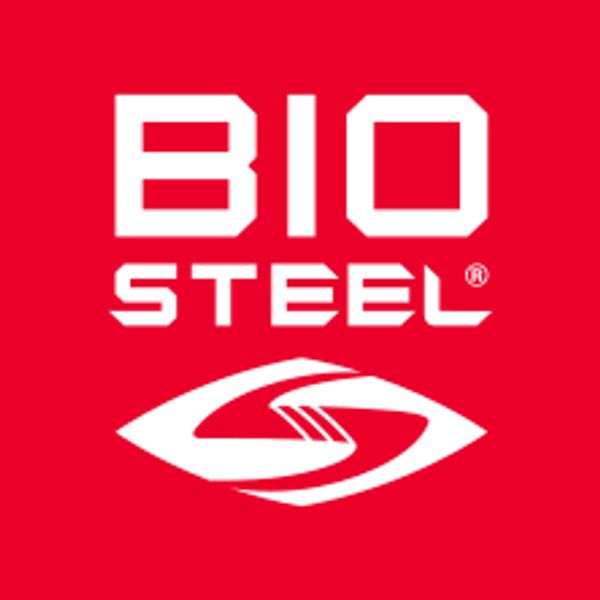 Logo of BIO STEEL on a red background.