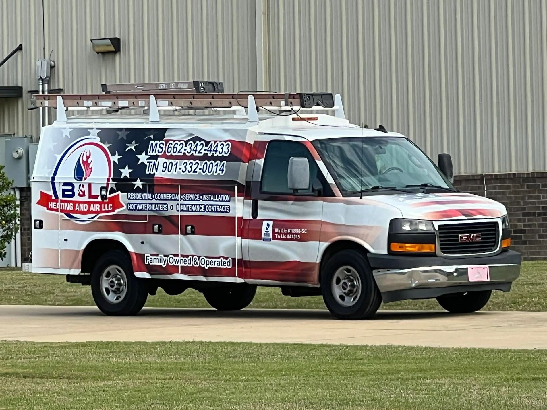 Service van for B&L Heating and Air LLC with ladder on top.