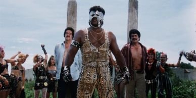 Group of people in elaborate costumes, central figure in studded outfit and mask.