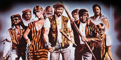 Group of tough-looking people in 70s style clothing.