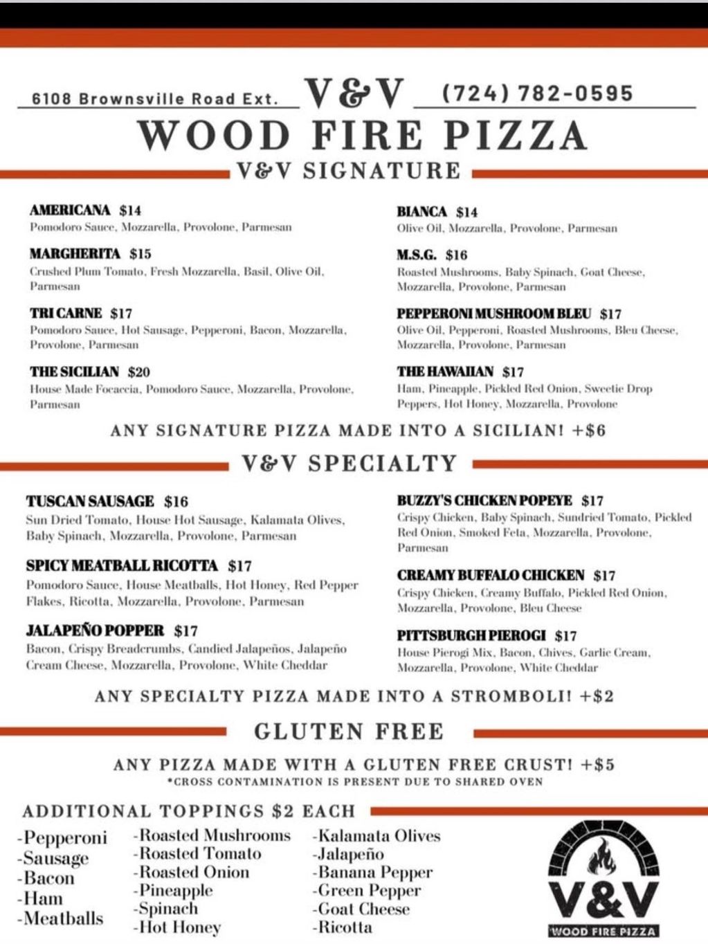 Menu of V&amp;V Wood Fire Pizza with signature and specialty pizzas.